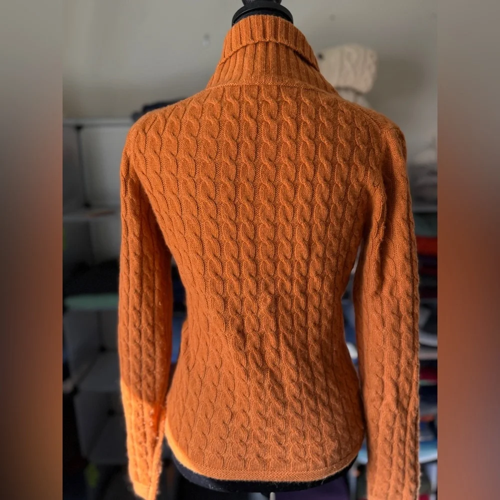Cashmere Cable Knit Orange Sweater, Shawl Collar. Measures Small-Medium_8